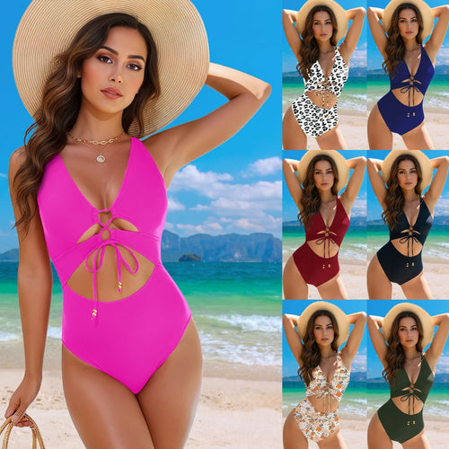 Backless lace up one-piece swimsuit for women