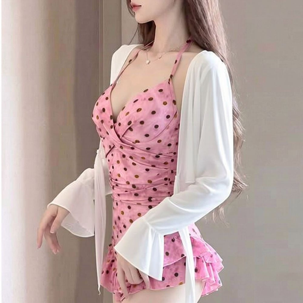 Pink Polka Dot Ruffle One-Piece Swimsuit for Women